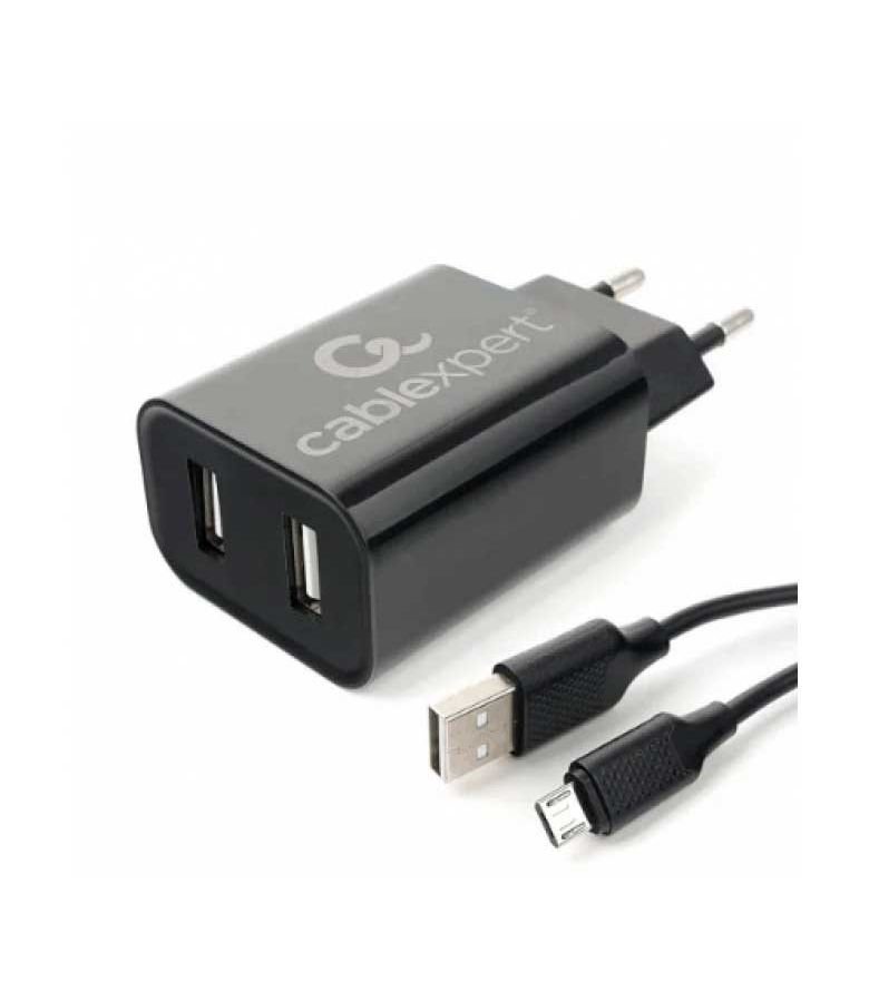 Сетевое зарядное устройство Cablexpert MP3A-PC-35 USB 2 порта, 2.4A, черный + кабель 1м micro