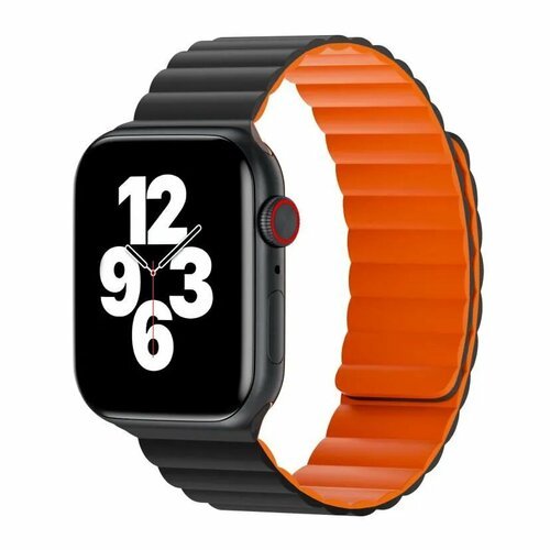 Ремешок силиконовый, двухсторонний на магнитах для часов Apple Watch 42/44/45/49 Magnetic silicone watch band Wi-WB00 Wiwu, Черный + оранжевый