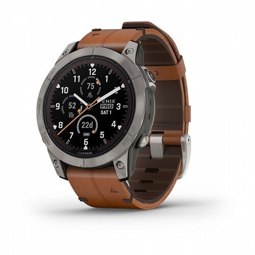 Смарт-часы Garmin Fenix 7 Pro Sapphire Solar титановый серый с коричневым кожаным ремешком, 010-02777-30