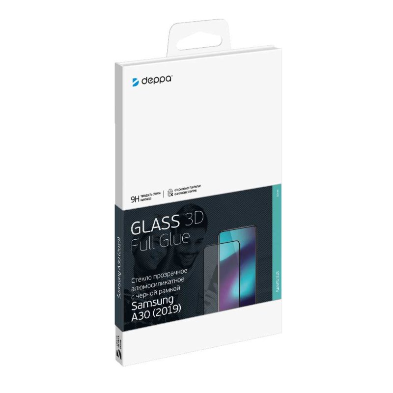 Защитное стекло Deppa 3D Full Glue для Samsung Galaxy A30 (2019), 0.3 мм, черная рамка 62548