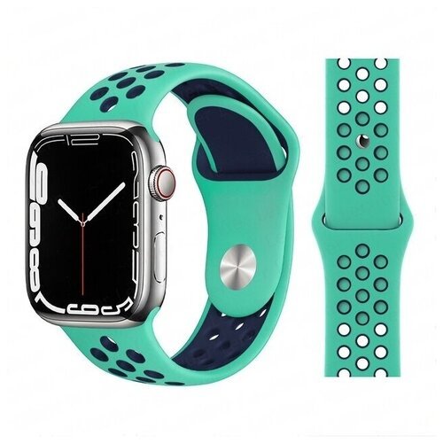 Ремешок силиконовый перфорированный Sport NK для Apple Watch 38/40/41 мм, на кнопке, бирюзовый+синий (16)