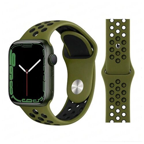 Ремешок силиконовый перфорированный Sport NK для Apple Watch 38/40/41 мм, на кнопке, хаки+черный (30)