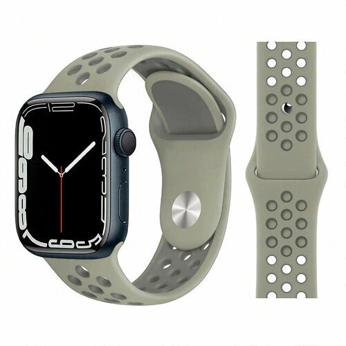 Ремешок силиконовый перфорированный Sport NK для Apple Watch 38/40/41 мм, на кнопке, хаки+серый (44)
