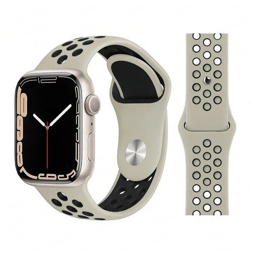 Ремешок силиконовый перфорированный Sport NK для Apple Watch 38/40/41 мм, на кнопке, слоновая кость+черный (21)