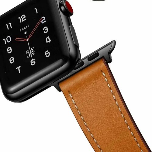 Кожаный ремешок для Apple Watch series 3 4 5 6 7 8 9 SE, в корпусах 38, 40, 41. Светло-Коричневый белая прострочка / Неrmеs Brown WL BF (Черная фурнитура)